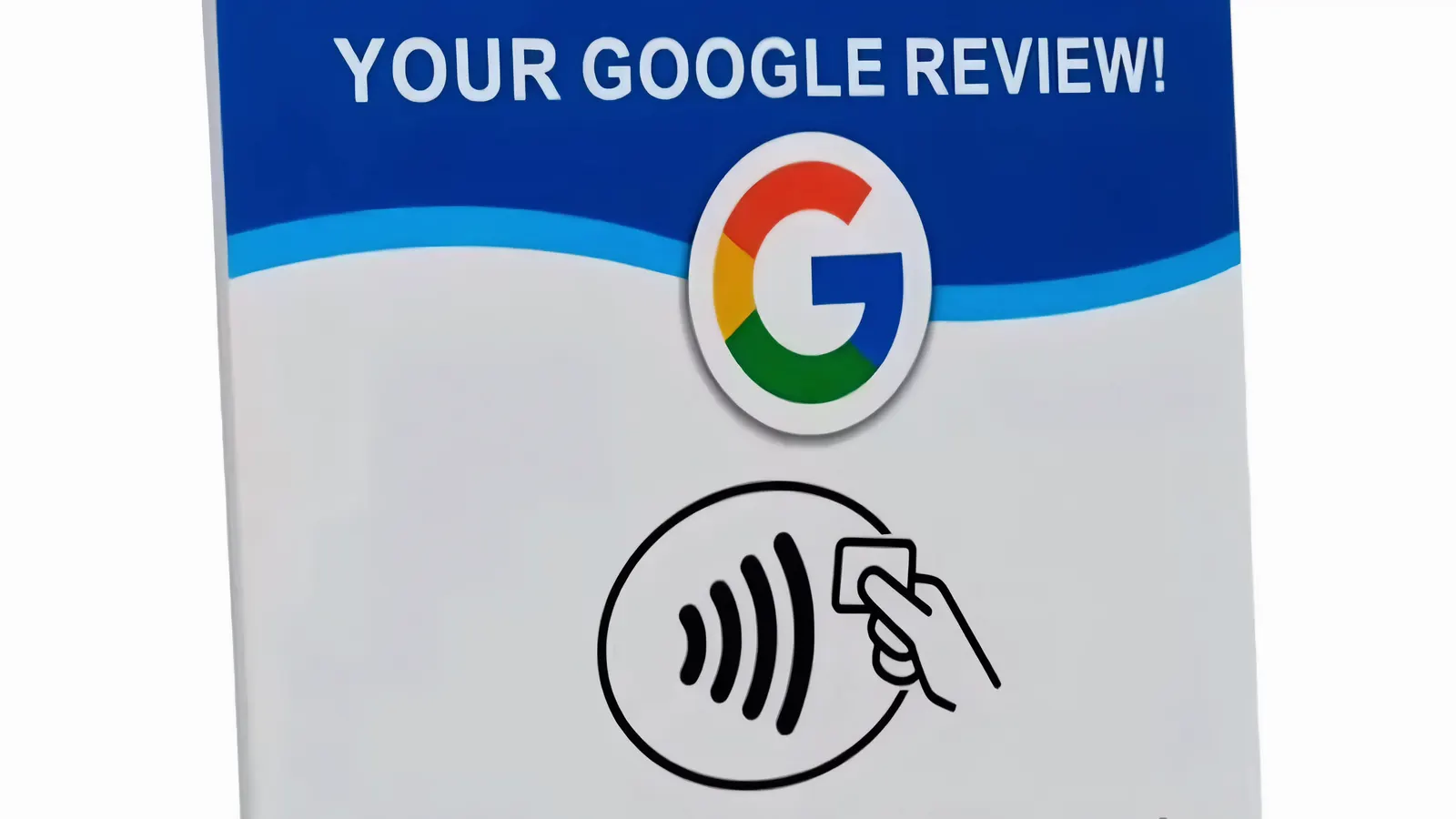A Google review NFC card surrounded by golden five-star review cards
